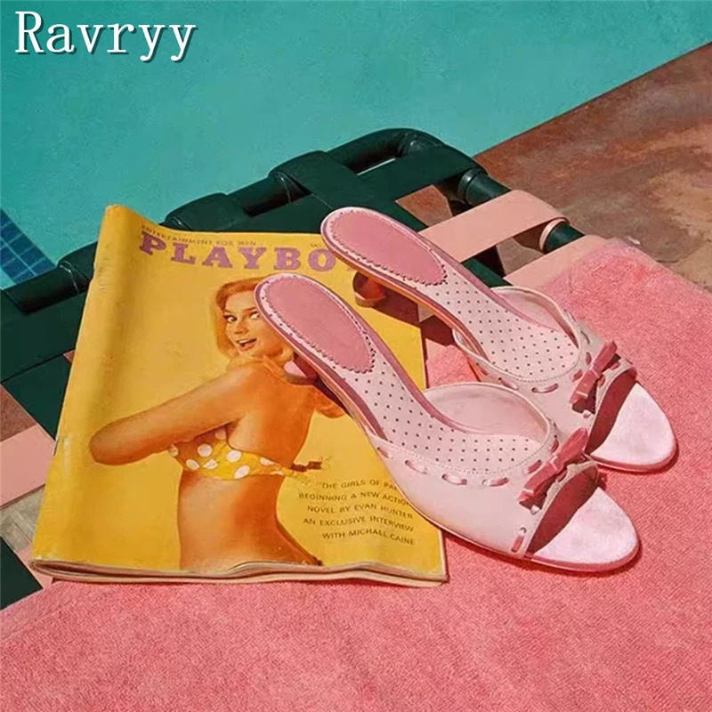 Sweet Pink Butterfly Knot Slippers Women Summer Open Toe Kitten Heels Sandals Girls Dress Party Casual Shoes 240712