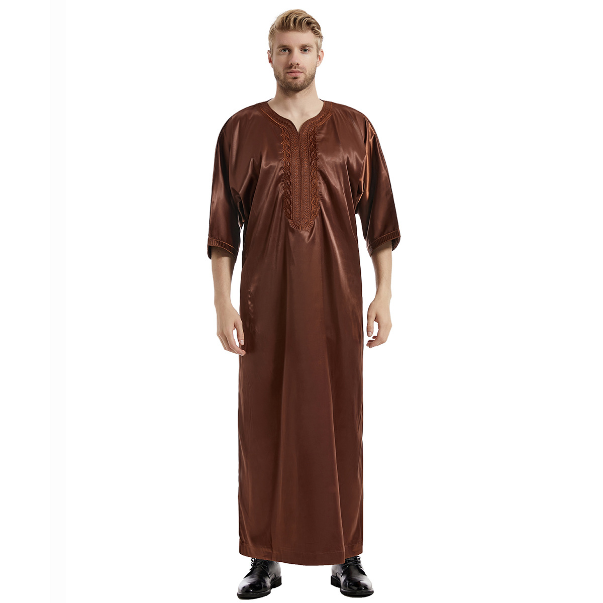 Muslim Men Agbada Embroidery Dashiki Plus Size Boubou Mid Sleeve Robe Mens Clothes Party Meeting Formal Attire