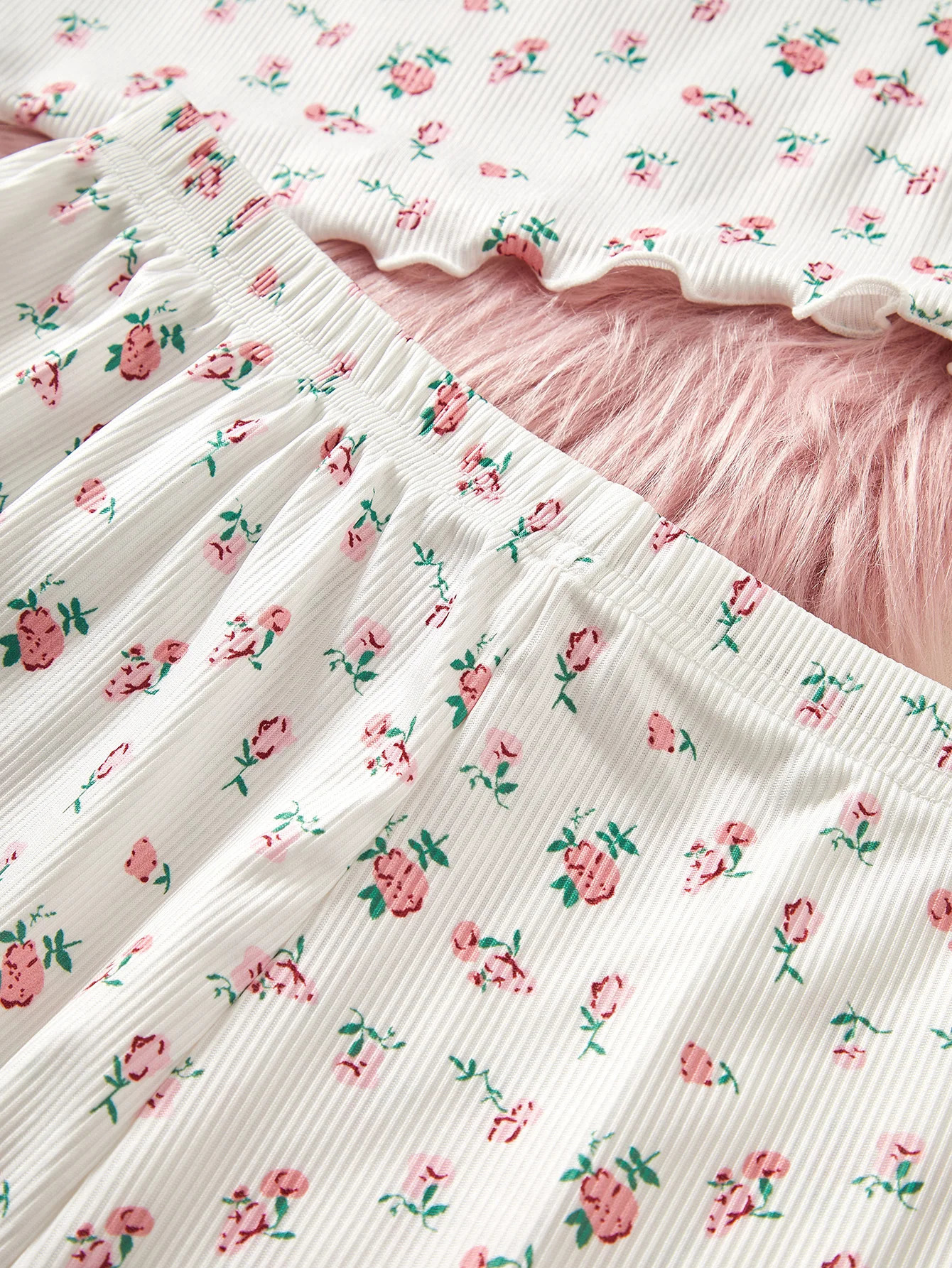 Womens Sleepwear Ditsy Floral Print Lettuce Trim PaJamas Set Elastic Waistband Loungewear Full Sleeve Nightwear 240712