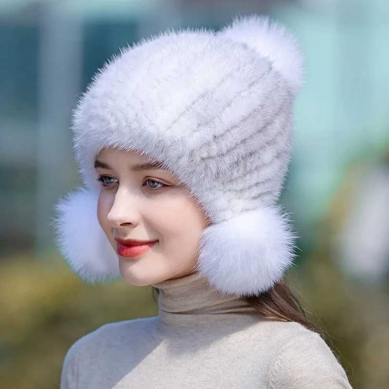 Beanie/Skull Caps Winter hot selling womens real mink fur hats knitted mink fur ears warm C spiral bear C top with fox fur fluffy J240711