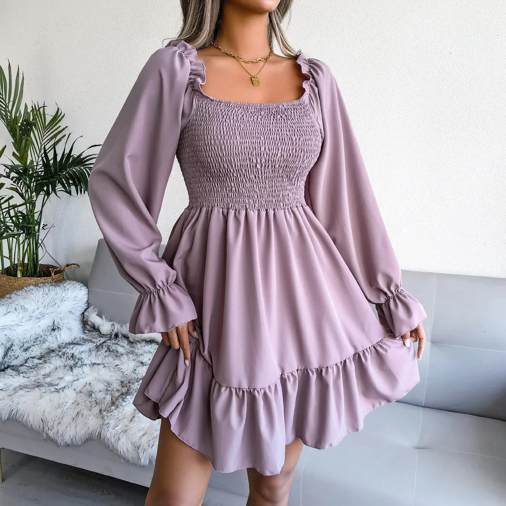Square Collar Women Dresses Flare Sleeve Ruffled Dress Casual Comfortable Female Streetwear Loose Elegant Spring Summer 240712