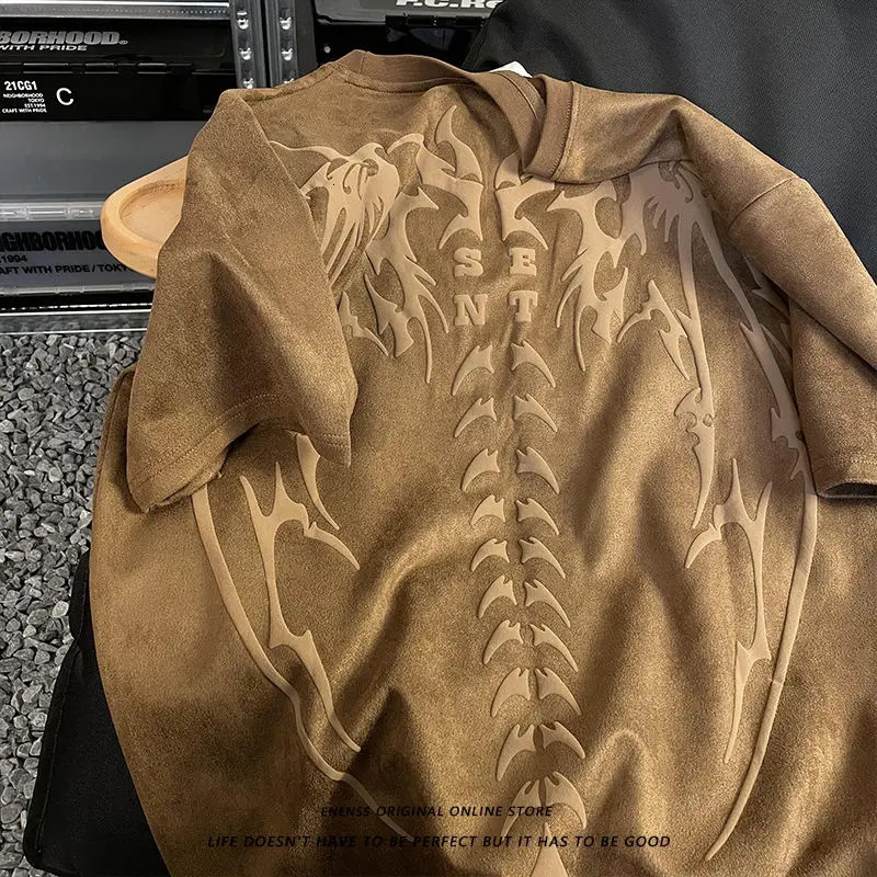 Y2k Top Retro Skull Wings Print Suede Short Sleeved T Shirt Mens Loose Couple All Match Trendy T-shirt Street Style 240703