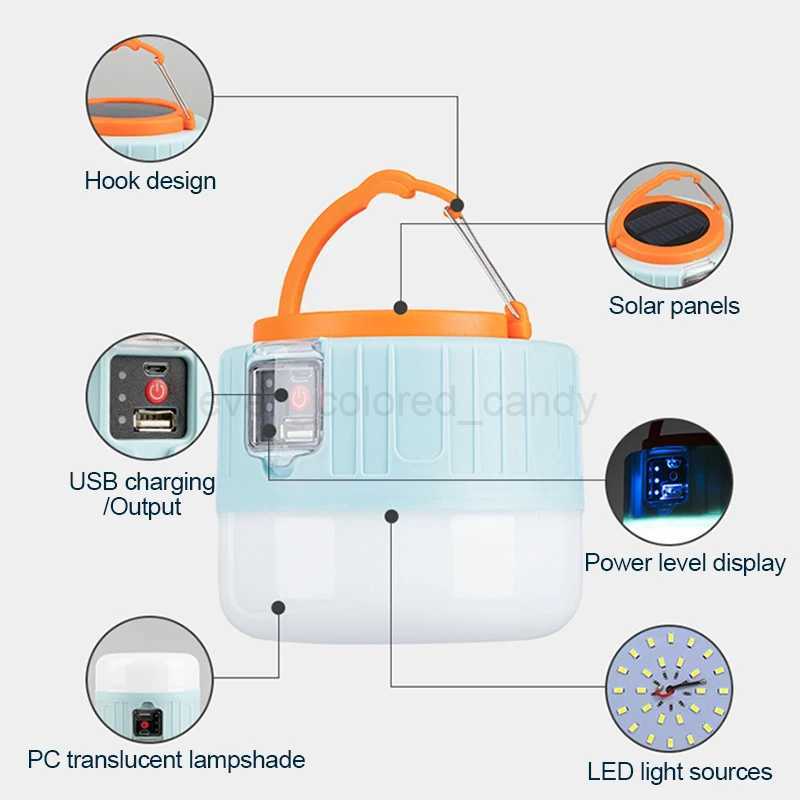 Portable Solar Camping Lamp USB Rechargeable Emergency Light Powerful Outdoor Tent Lamp Hook Up LED Waterproof Fishing LanternB240731