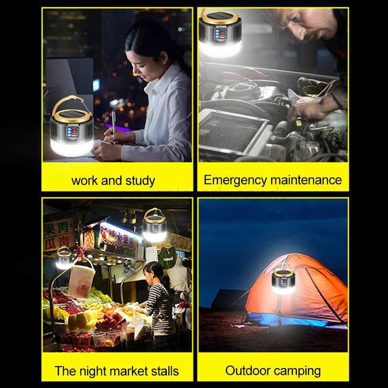 Portable Solar Camping Lamp USB Rechargeable Emergency Light Powerful Outdoor Tent Lamp Hook Up LED Waterproof Fishing LanternB240731