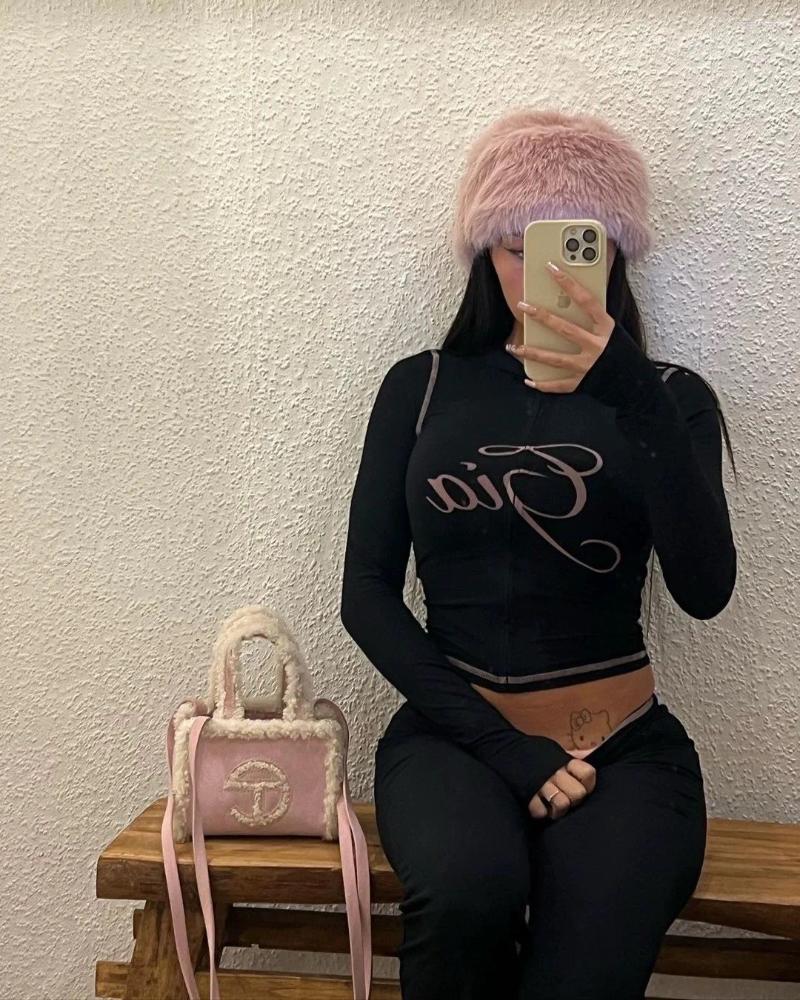 Iamgia Tracksuit Two 2 Piece Set Outfits For Flared Pants Zip-Up Cap Long Sleeve High Spring Top & Low Waist Micro Social Designer Clothes Women Pink 