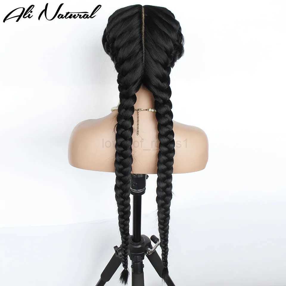 2 Braids Lace Wig Hand Tied Cornrow Braids Black Afro Braided Lace Wig With Two Long Box Braids Pigtails For Black WomanM240712