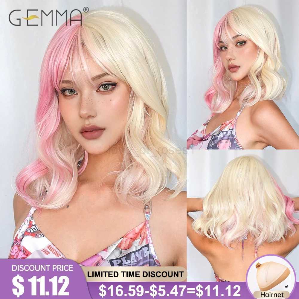 Pink Blonde Short Wavy Synthetic Wig with Bangs Multicolor Cosplay Party Use Wigs for Women Halloween Fake Hair Heat ResistantM240712