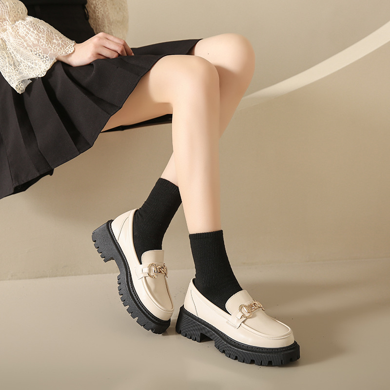 Women's Fashion Shoes:High Heel Chunky Heel Plus Size Loafers Shoes New Trendy Simple Design Versatile Leather Shoes,Brown/White,Free shipping
