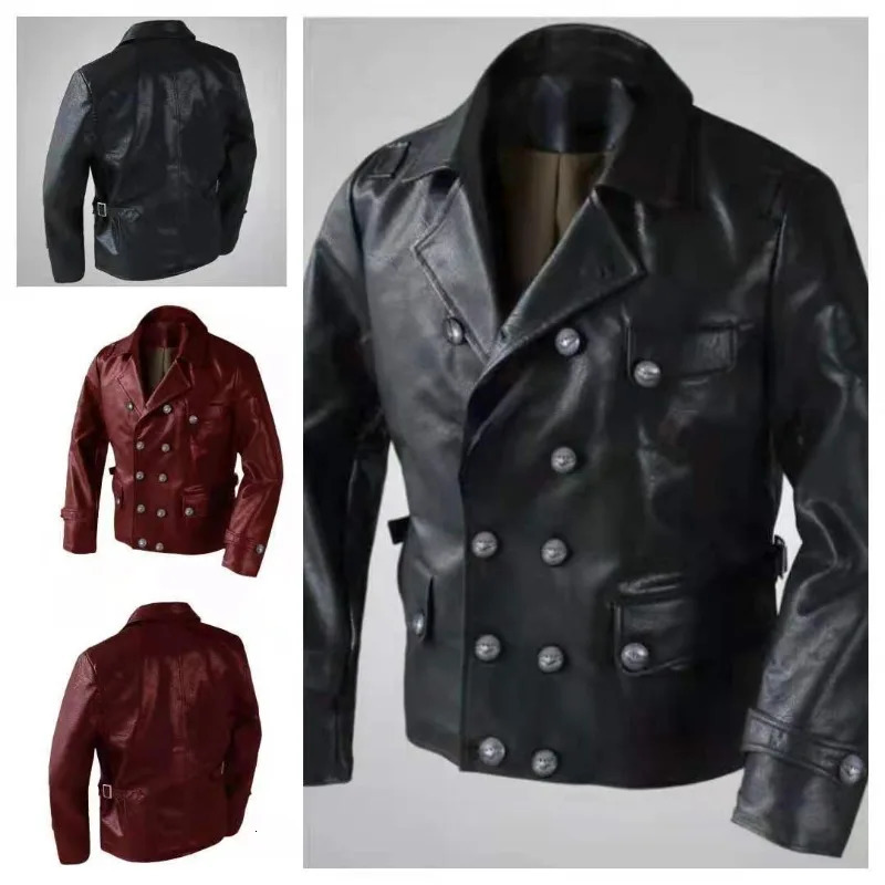 Winter Vintage Leather Mens Medieval Coat Y2K Autumn Pu Jackets Double-breasted Leather Coats Outwear Motorcycle Jackets 240703