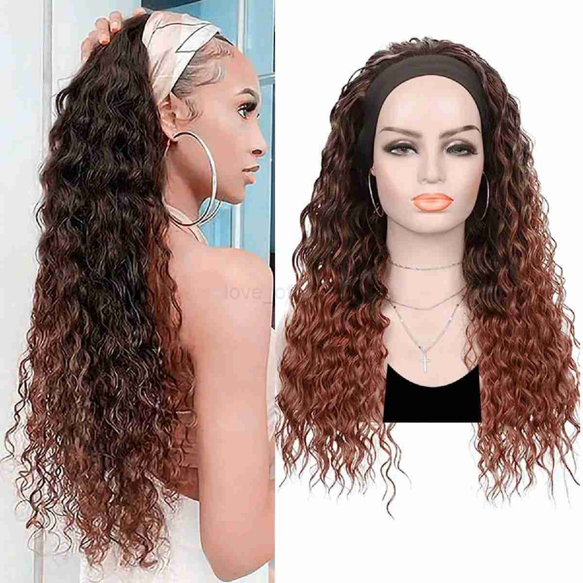 Synthetic Water Wave Headband Wig for Women Glueless Half Wig Curly Wigs with Headbands Attached Natural Black for Daily UseM240712
