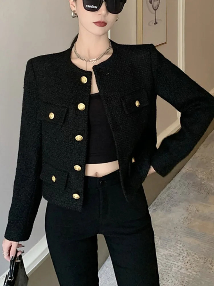 Fall Winter French Vintage Small Fragrant Tweed Jacket Coat Women Elegant Casual Woolen Short Coats Streetwear Outwear Crop Top 240704