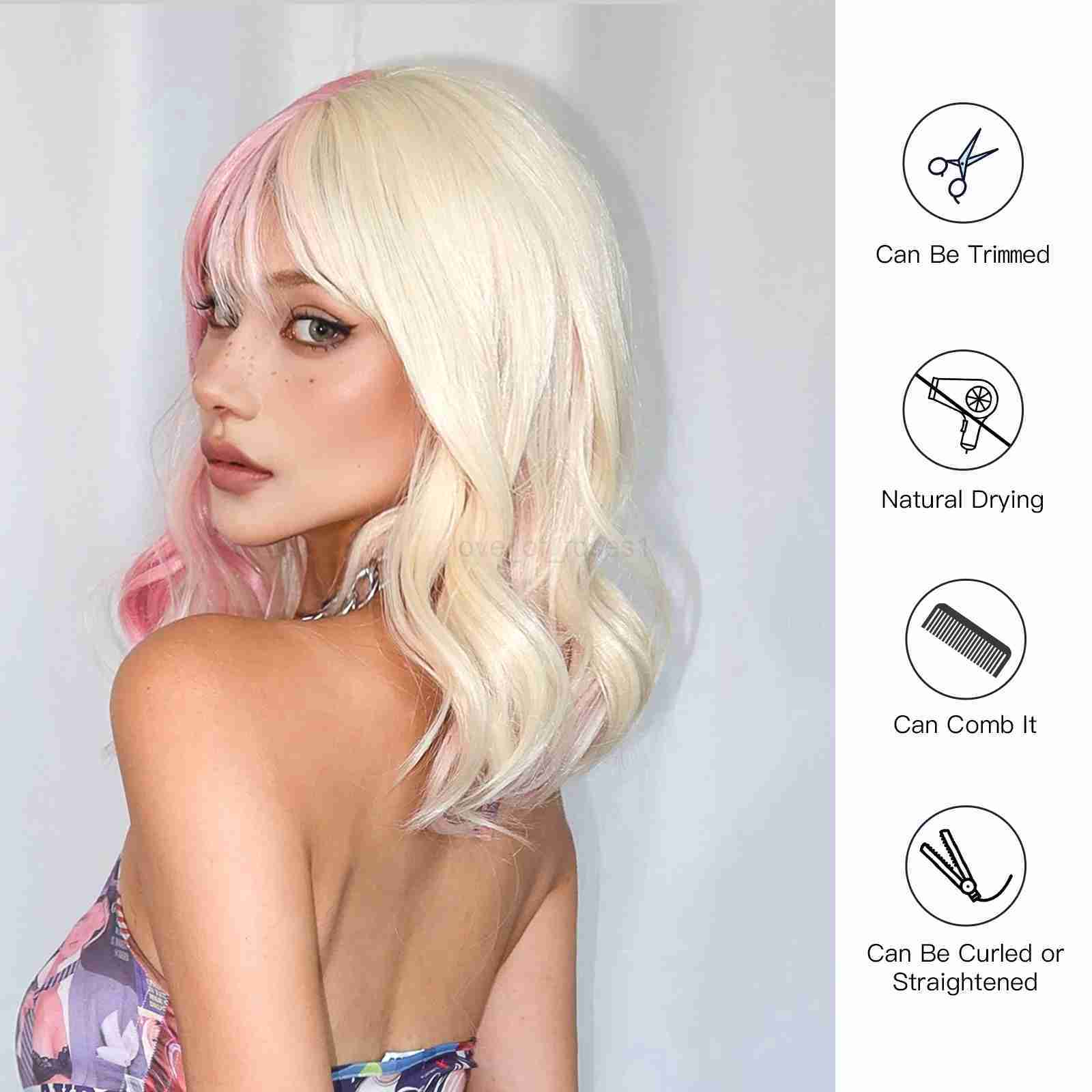 Pink Blonde Short Wavy Synthetic Wig with Bangs Multicolor Cosplay Party Use Wigs for Women Halloween Fake Hair Heat ResistantM240712