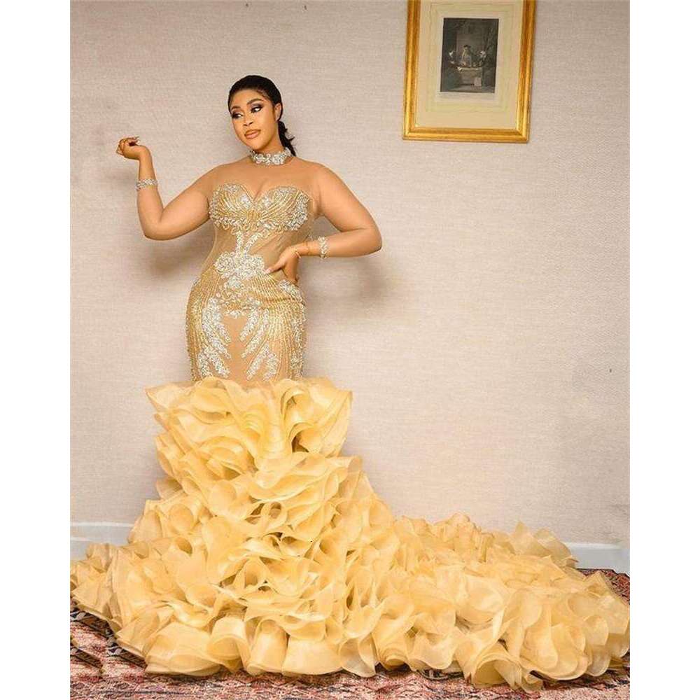 Bright Yellow Mermaid Formal Prom Dresses Beaded Crystals High Neck Sheer Long Sleeves Evening Dress Tiered Party Gown