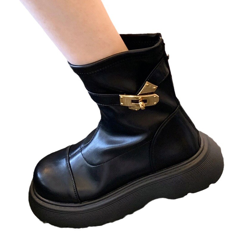 Designer Shoes In Black White 2024 Fashion New Thick Soled Comfortable And Durable Explosive Short Tube Metal Buckle High-end Martin Boots