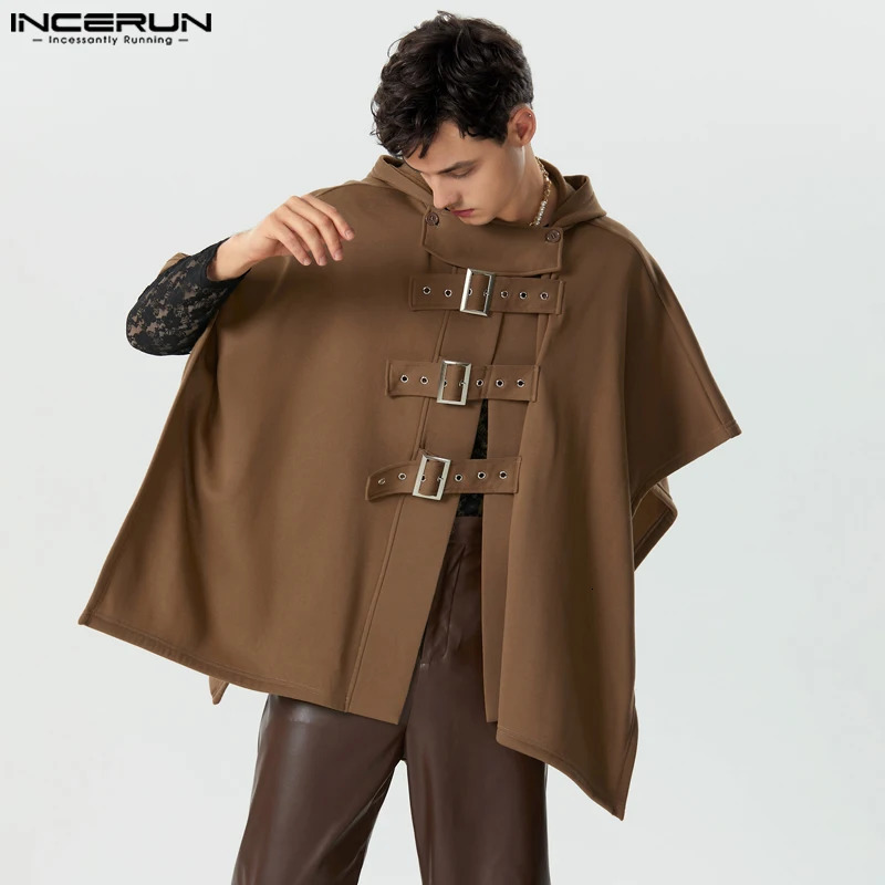 Men Cloak Coats Solid Color Hooded Button Irregular Trench Ponchos Streetwear Loose Fashion Casual Male Cape S-5XL INCERUN 240704
