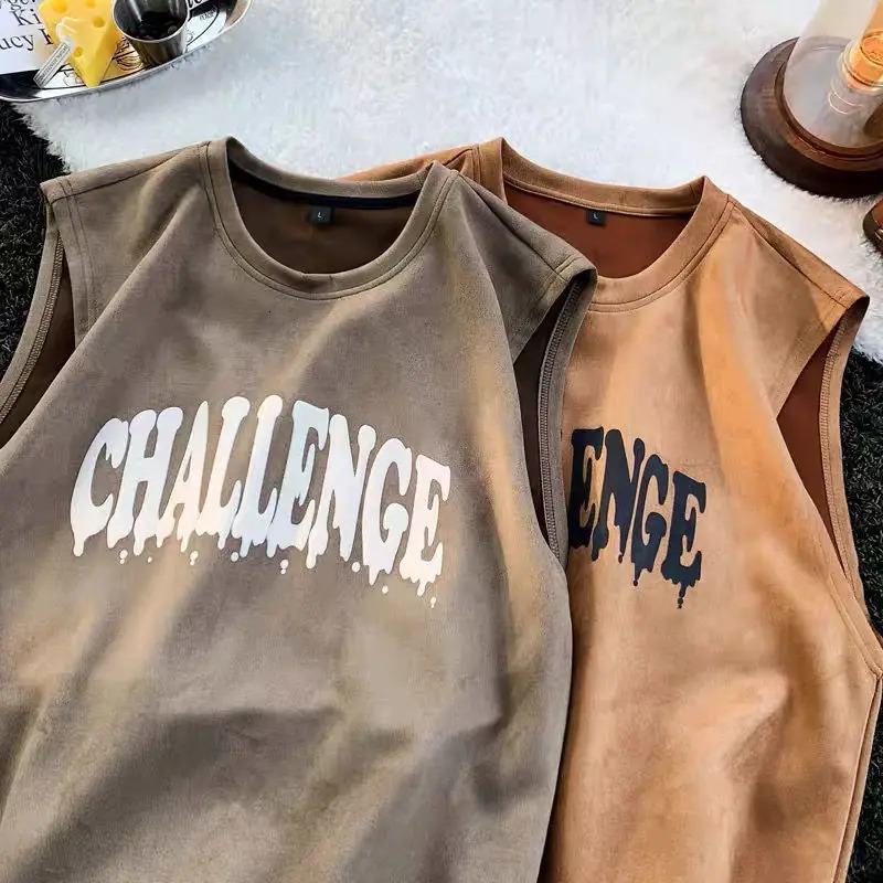 Suede heavy vest men summer American retro sleeveless t-shirt loose all match sports student top trend y2k tops mens clothing 240703