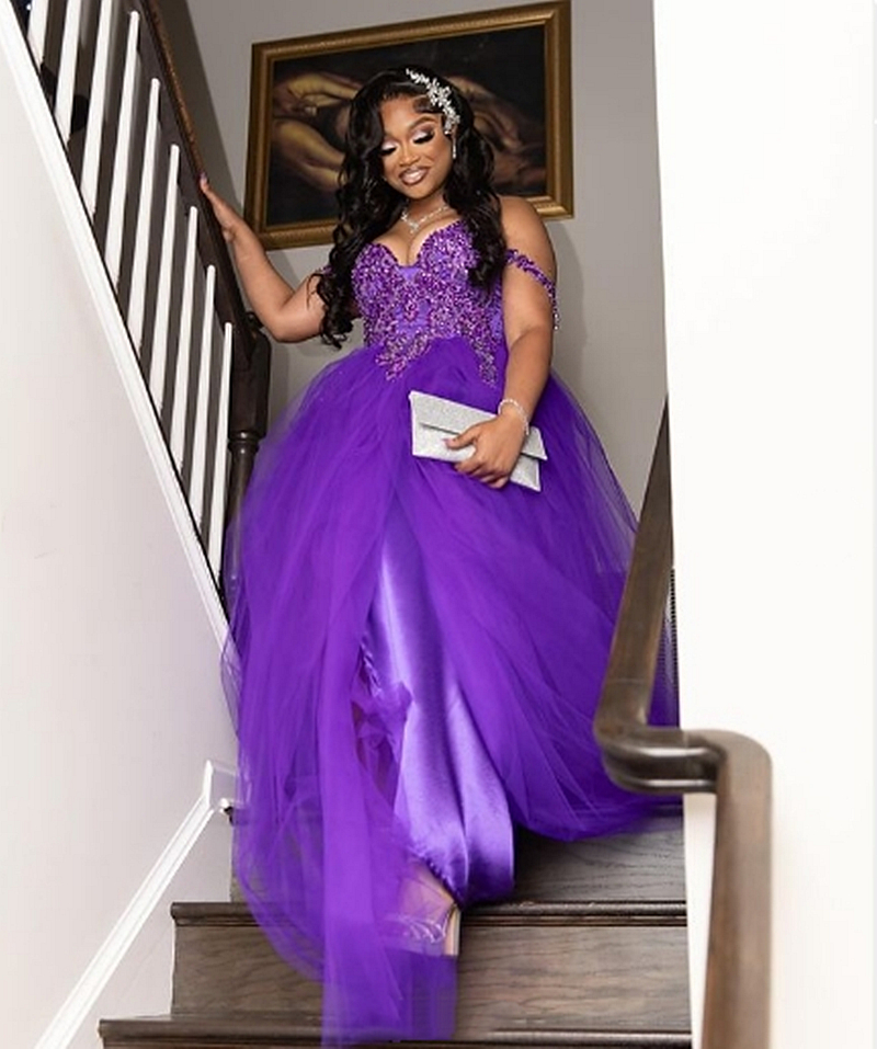 Modern Royal Purple Prom Dresses Side Slit Off Shoulder Straps A-Line Tulle Long Evening Gowns Beaded Lace Appliques Pageant Party Event Dress Special