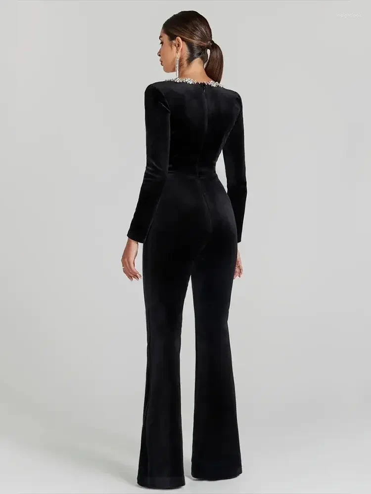 Womens Jumpsuits DEIVE TEGER 2024 Black Bandage Jumpsuit Square Neck Diamond High Waist Wide Leg Elegant Party