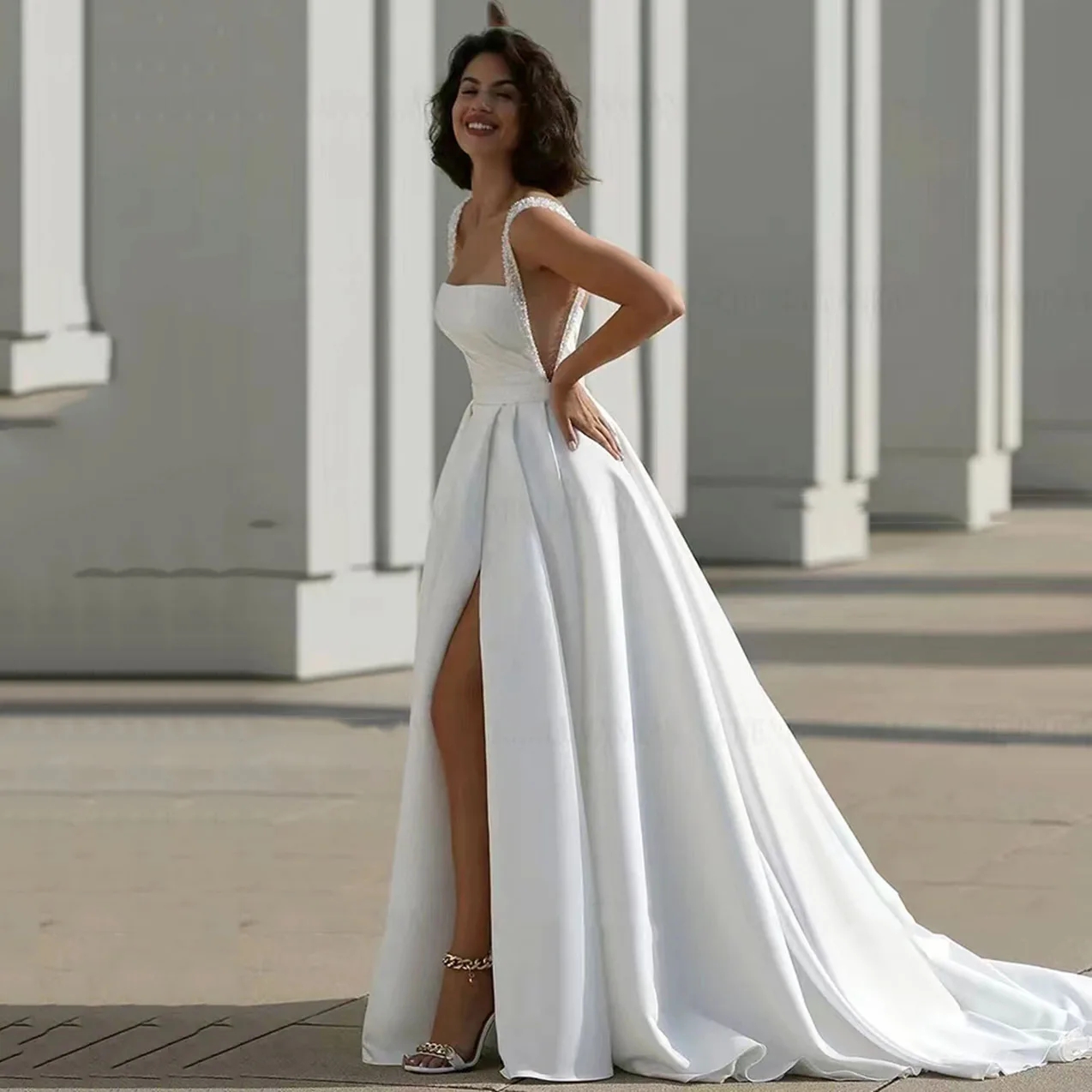 Satin 2024 Elegant Wedding Dresses Pearl Strap Sexy Side Split A Line Princess Bride Dress Bridal Gown Vestidos De Novia Custom Made