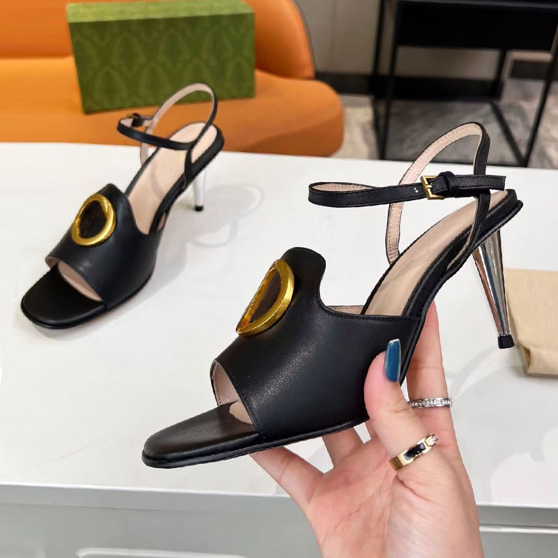 Summer Open Toe Casual Beauty Sandals Designer Fashion Women's Crystal High Heels Comfortable Leather Metal Hollow Out Office Shoes