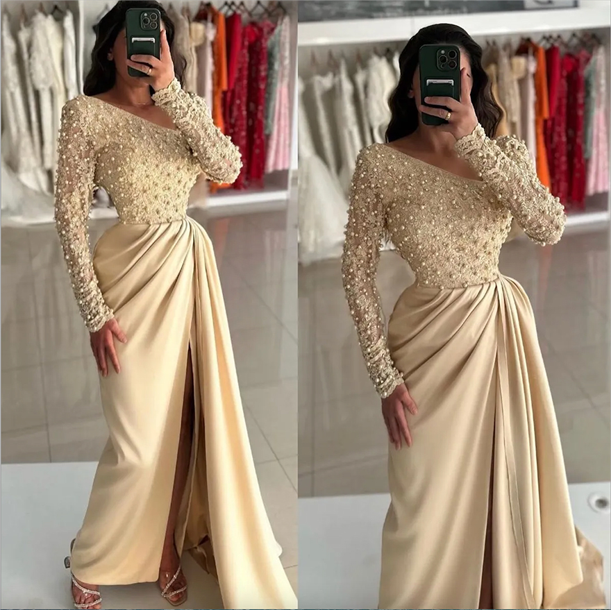 Gorgeous Pearls Evening Elegant V Neck Long Sleeves Prom Dress Split Vestidos De Gala Pleats Side Train Formal Dresses For Women