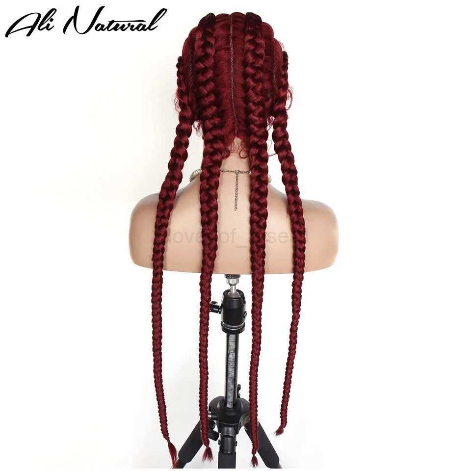 99J Burgundy Red Color 4 Box Braids Lace Wig Full Hand Braided Synthetic Fiber Hair Wig For Afro Black WomenM240712