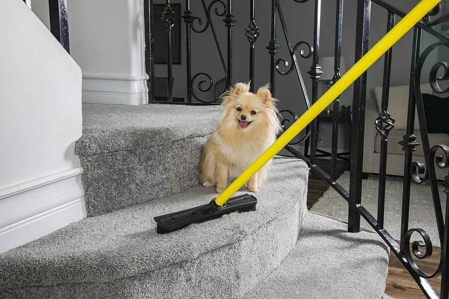 New Original Indoor Pet Hair Rubber Broom With Carpet Rake Squeegee, Black And Yellow