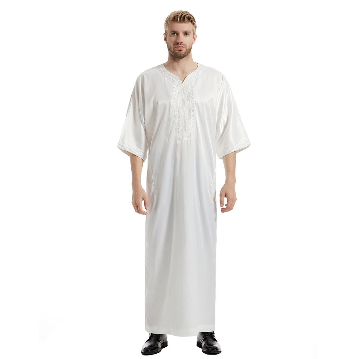 Muslim Men Agbada Embroidery Dashiki Plus Size Boubou Mid Sleeve Robe Mens Clothes Party Meeting Formal Attire
