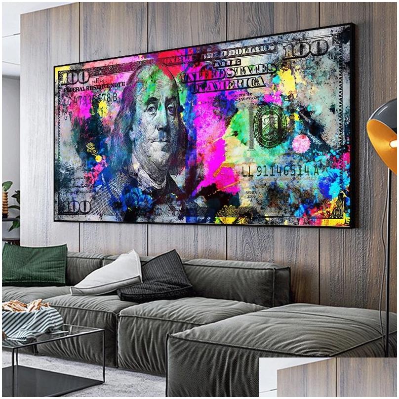 Paintings Wall Art Gold Modern Colorf Hundred Money Canvas Painting Quadro Street Abstract Poster Picture Home Drop Delivery Garden Ar Dhgqh