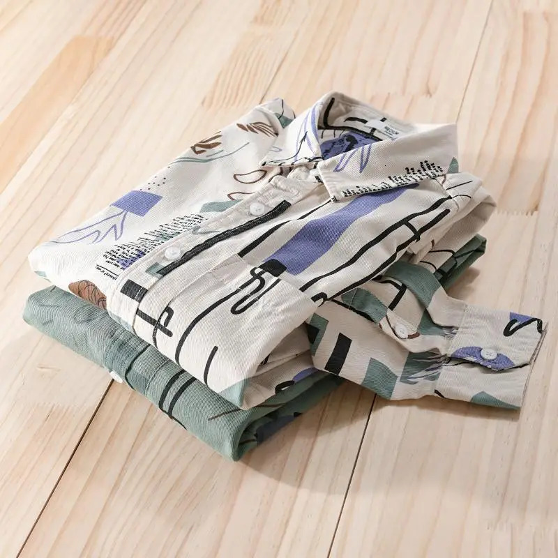 Spring Autumn Turn-down Collar Shirt Man Fashion Single Breasted Long Sleeve Cardigan Men Vintage Graffiti Printing Coat 240704