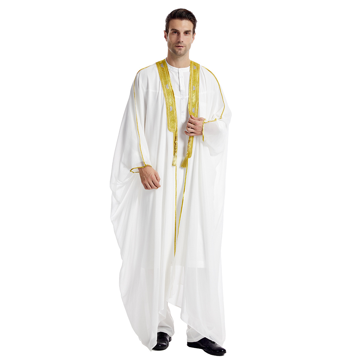 Gold Embroidery White Agbada Men African Traditional Clothes Nigeria Outfit Muslim Chiffon Outer Garment