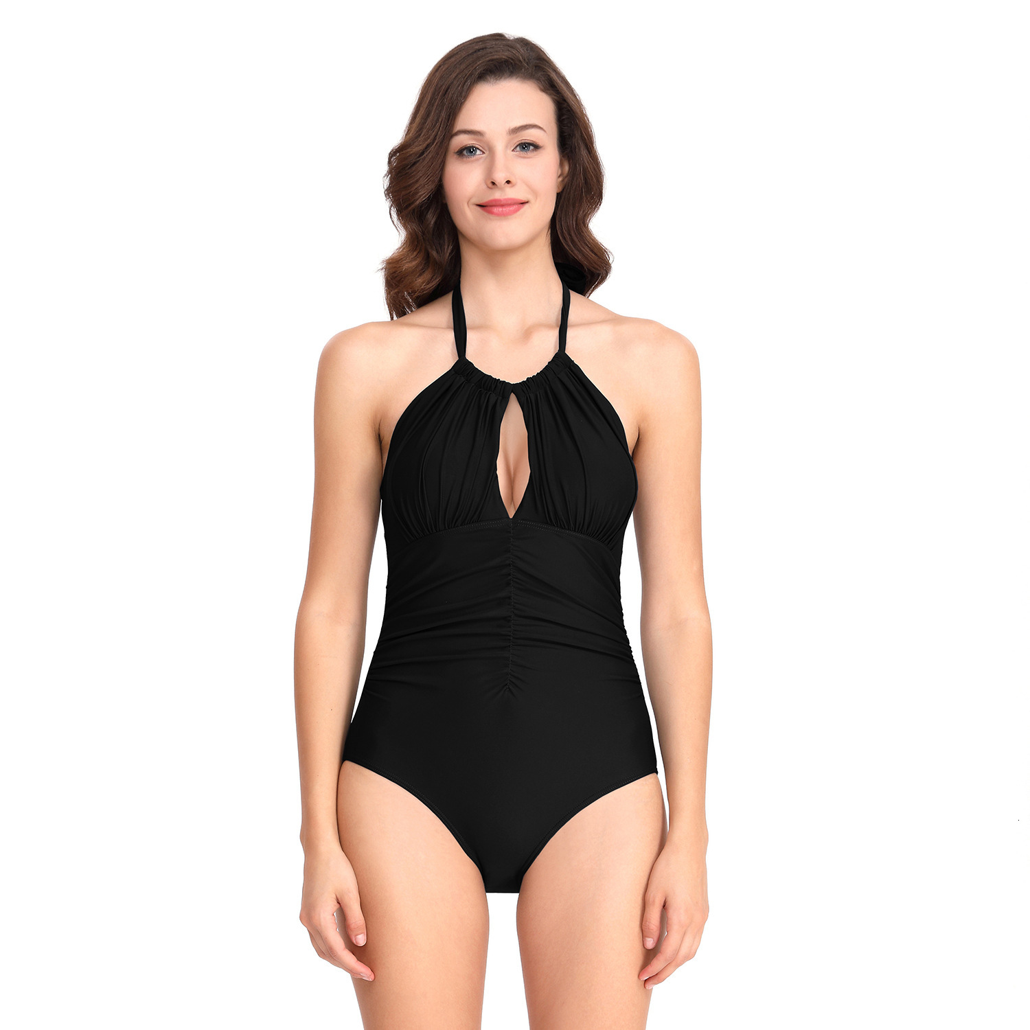 New Pattern Solid Swimsuit 2023 All-in-one Women's Solid Color Slimming Slim Fit Hanging Neck One-piece Swimsuit Bifurcated Loose Short Self-cult