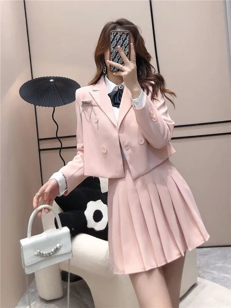 Spring and Autumn Style Womens Suit Jacket Doublebreasted Blazer Top High Waist A Line Pleated Skirt Twopiece Set 240704