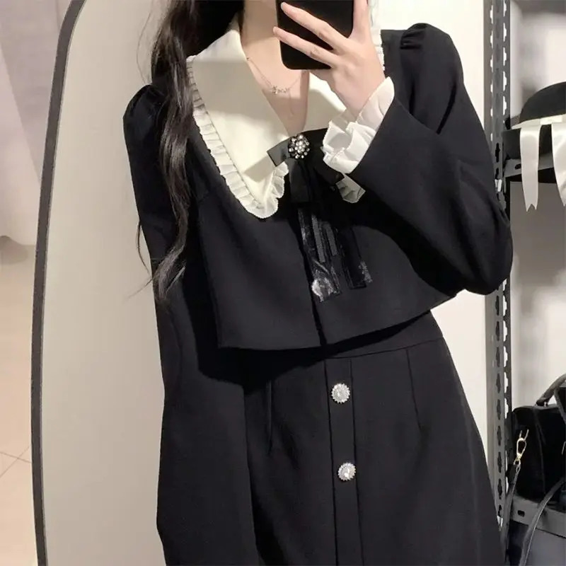 Spring French Audrey Hepburn Style Sweet Petite Dress TwoPiece Set College Blazer Women Female Office Lady 240704