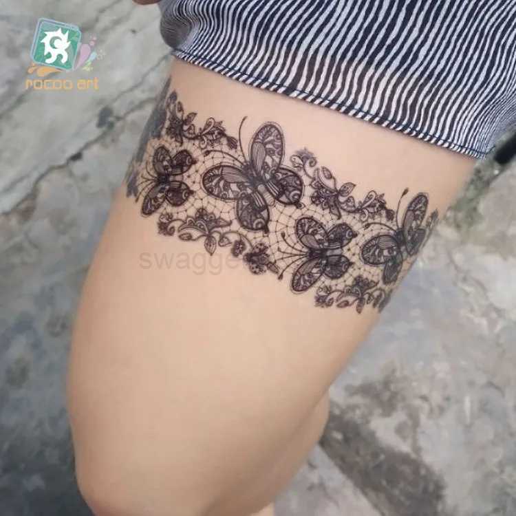 Size 210*150mm Waterproof And Fun Hannah Sexy Bow Tie Black Lace Fashion Wholesale Thigh Temporary Tattoo StickerB240713