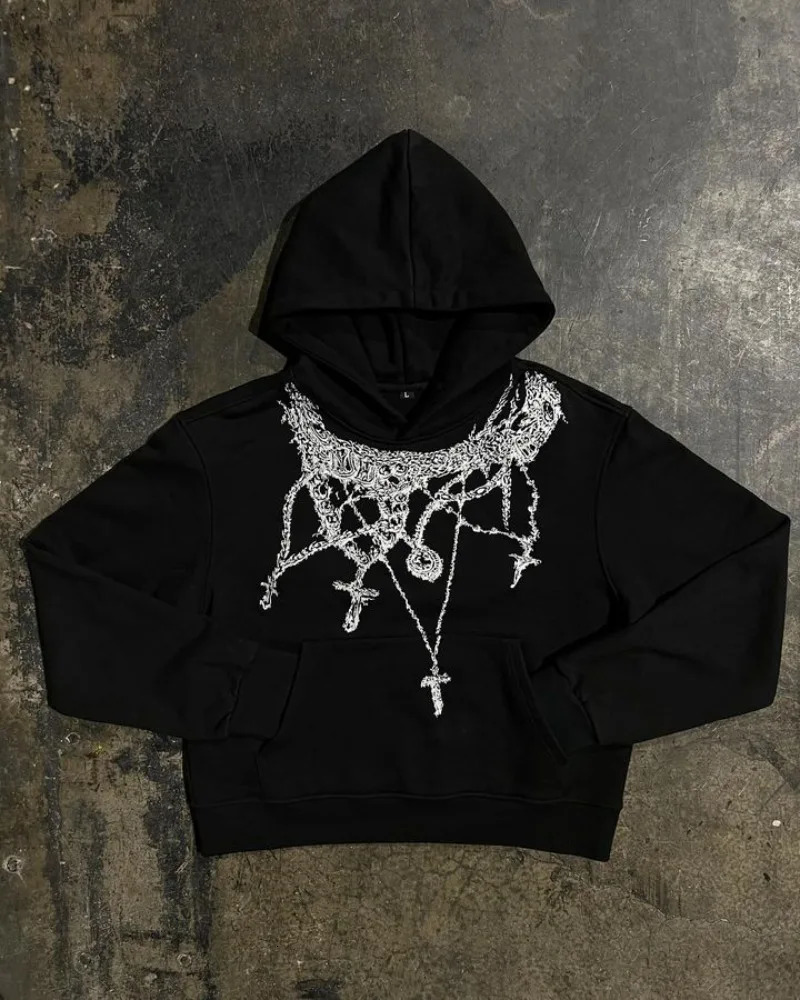 Streetwear Pullover Y2k Costume Harajuku Hip Hop Necklace Pattern American Style Fashion Trend Mens Long sleeved Top 240626