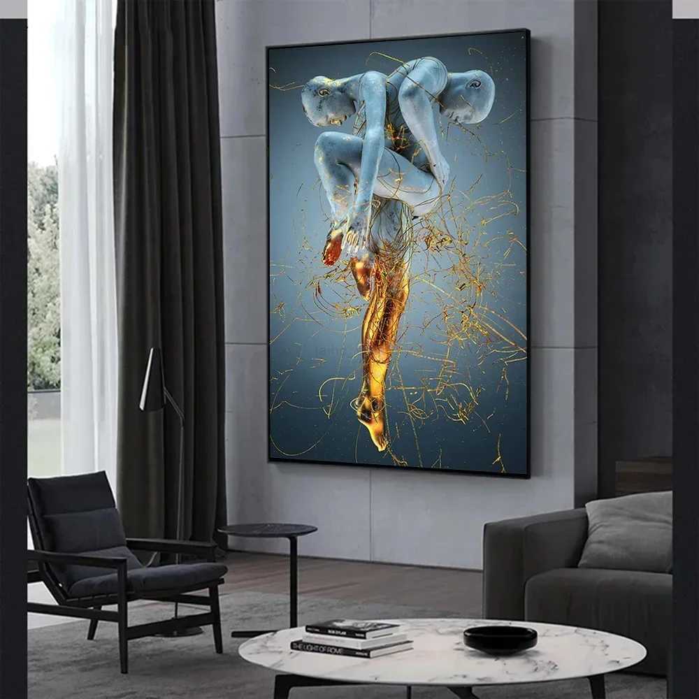 Metal Figure Statue Art Canvas Painting Abstract Couple Sculpture Posters and Print Wall Picture for Living Room Home DecorationB240713