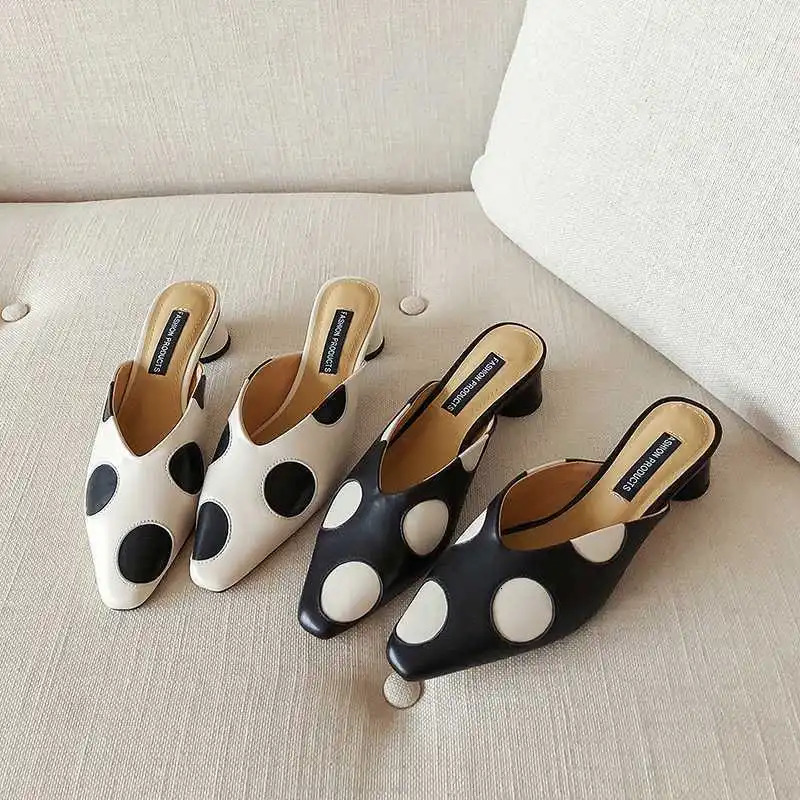 Womens elegant mule womens summer casual dot toe slider womens low high heels polka dot sandals office shoes Zapatos de mujer 240713