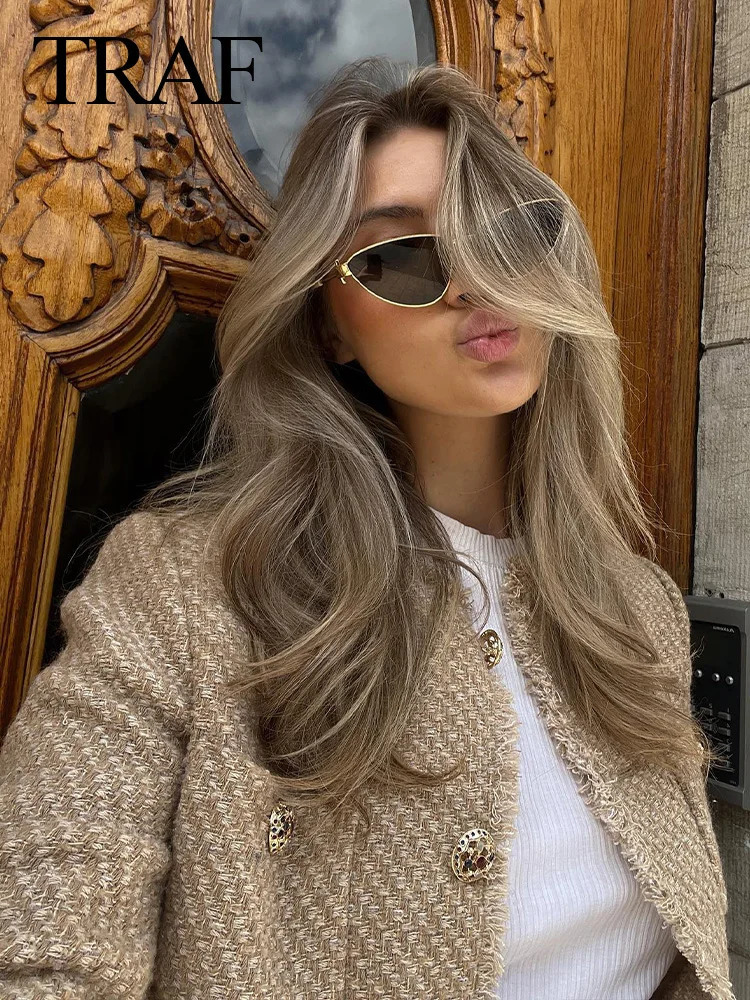 TRAF Autumn Fashion Women Short Jacket Camel Tweed Long Sleeve Button Frayed Cropped Tops Elegant Y2k Vintage Chic Coats 240704