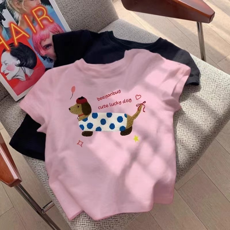 Tshirts Girls Cartoon Tshirt Lovely Girls TShirts Dog Print Short Sleeves Print Boys Kids Tee Leisure Child Tops High Quality T Shirt 100 Cotton Color