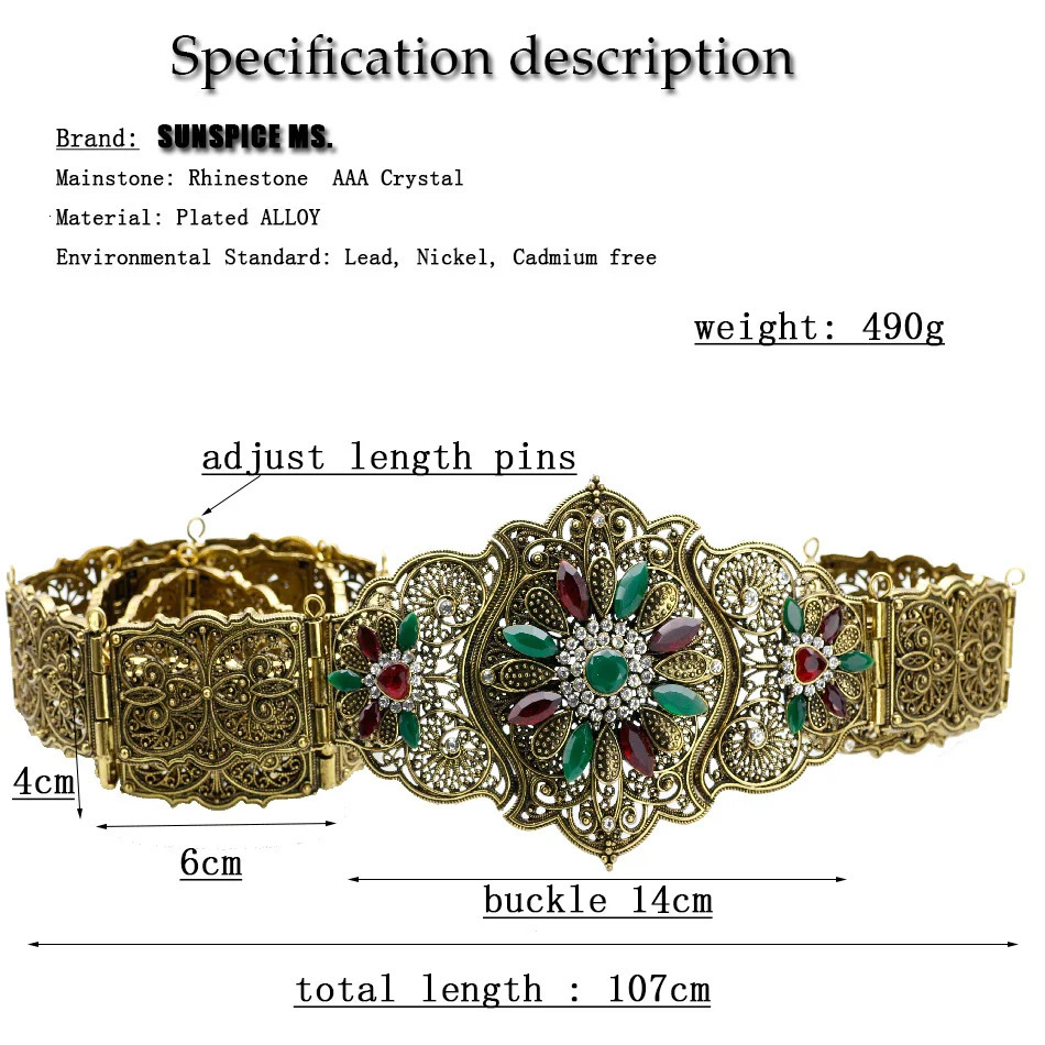 Sunspicems Crystal Caucasian Womens Belt Algeria Morocco Robe Caftan Belt Wedding Jewelry Gold Metal Chain Adjustable 240710