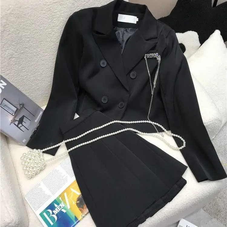 Spring and Autumn Style Womens Suit Jacket Doublebreasted Blazer Top High Waist A Line Pleated Skirt Twopiece Set 240704