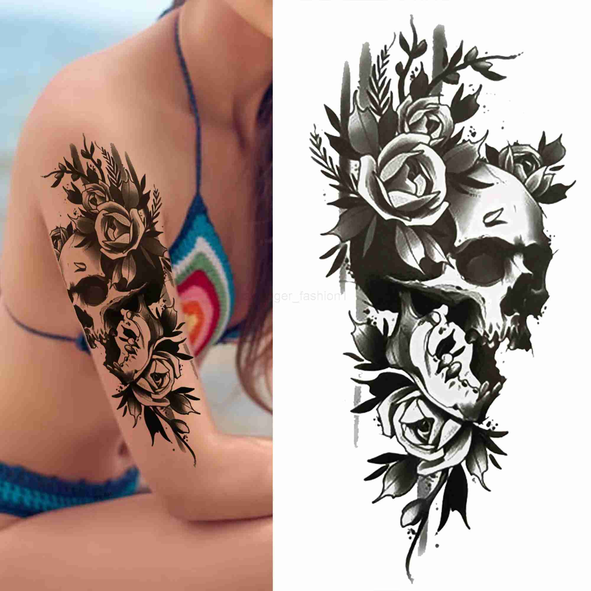 Large Death Skull Snake Flower Temporary Tattoos For Women Men Adult Skeleton Fake Rose Tattoo Sticker Black Peony Body TatooB240713