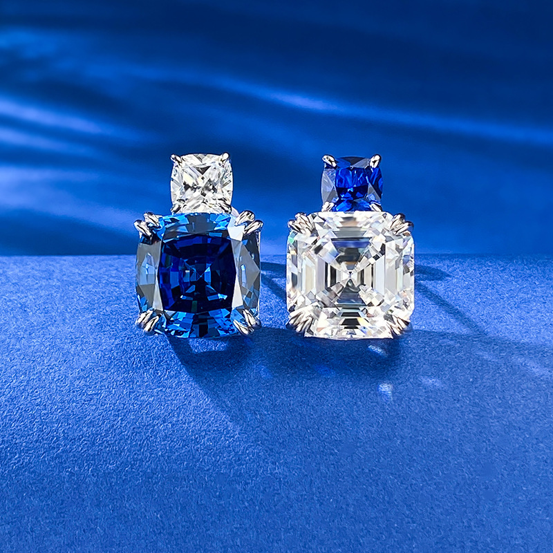 Dangle Earrings: Emerald Cut Moissanite & Sapphire, Real Sterg Sier, Jewelry for Women 4ccc