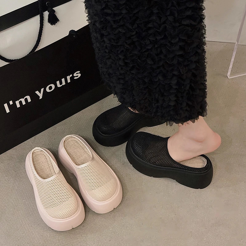 Platform mesh slider womens sandals summer mule 2024 mid boots fashionable casual slider flip Zapatos unprinted slider 240713
