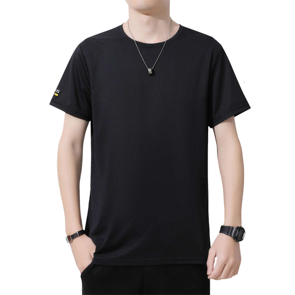 New Men's 2024 Summer Ice Silk Large Round Neck Quick drying Short sleeved T-shirt