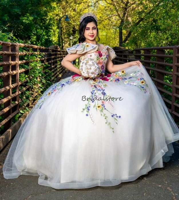 Colorful Flowers Mexican Quinceanera Dresses Charro Mexico Off Shoulders Vestidos De 15 Anos Quinceaneras 2024 Birthday Party Masquerade Pageant Sweet