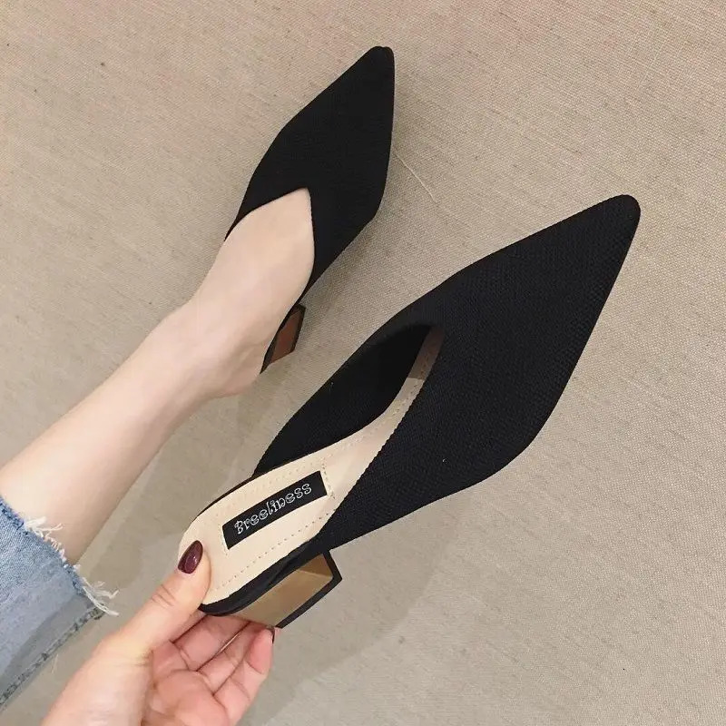 Summer 2024 high heels pointed shoes mules womens sliders and sandals black anti slip Korean style 39 F 240713