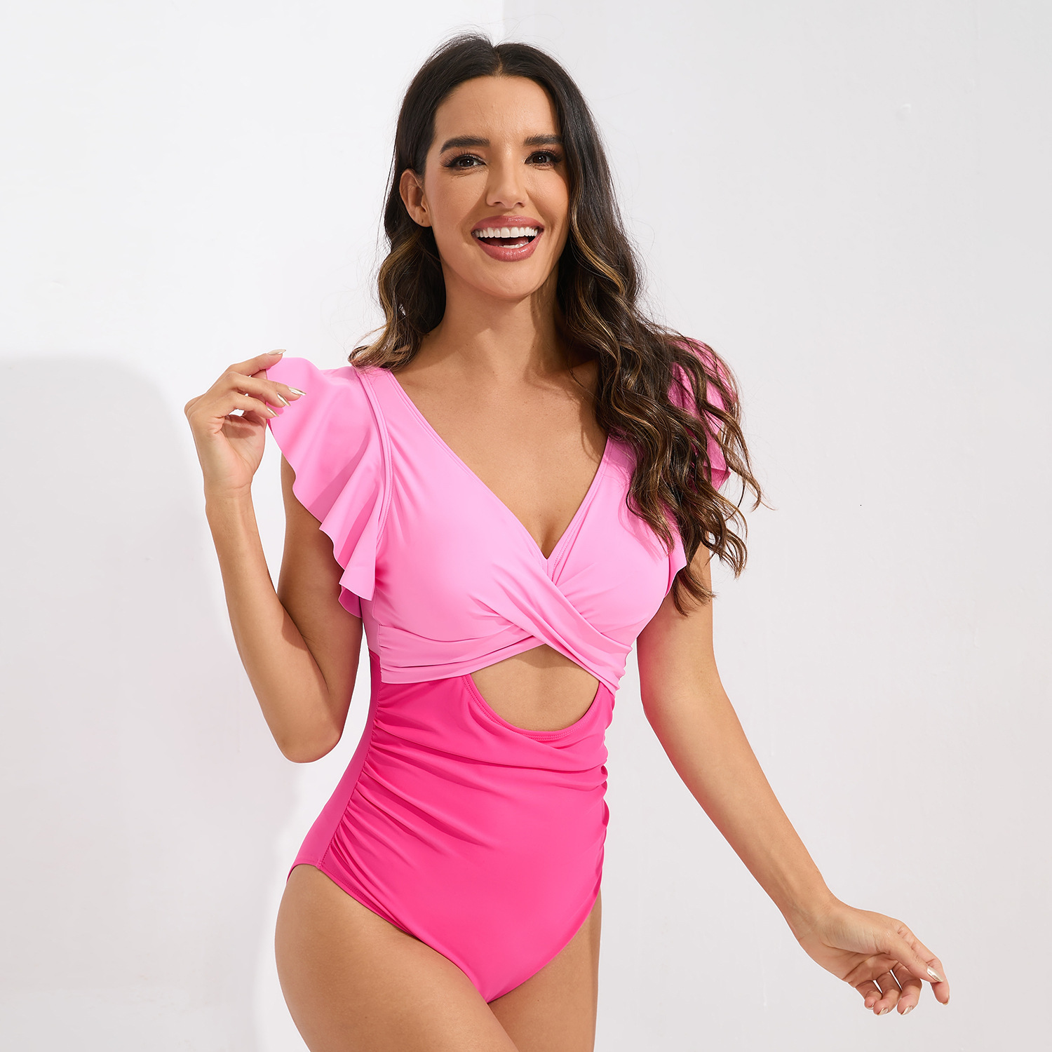 2024 with Ruffled Edges, Conservative One-piece Swimsuit, Cross Cut Chest, Color Blocking Backless Swimsuit for Women Novelty Loose Short Self-cultiva