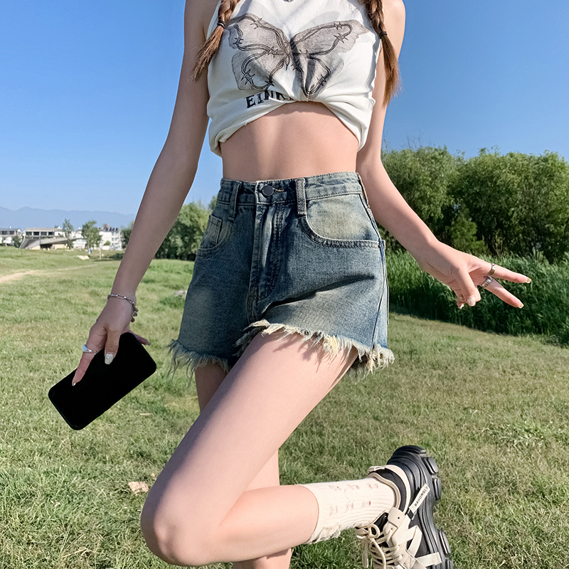 2023 Summer New Denim Shorts Women's Korean Edition Worn Out High Waist Spicy Girl Wide Leg A-line Hot Pants